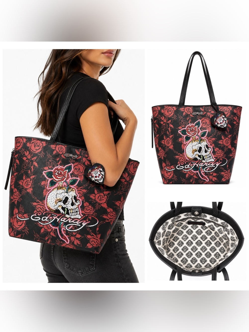 Ed Hardy. Skull and Roses Tote Bag with Free Bag Scarf & Dust Bag. - Picture 2 of 16